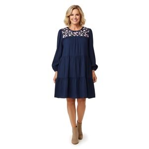 Crown & Ivy Womens XL Embroidered Tiered Dress Blue Long Sleeve‎